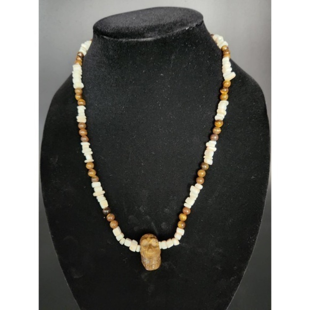 Natural Hand Beaded necklace with Skull pendant 23" Long